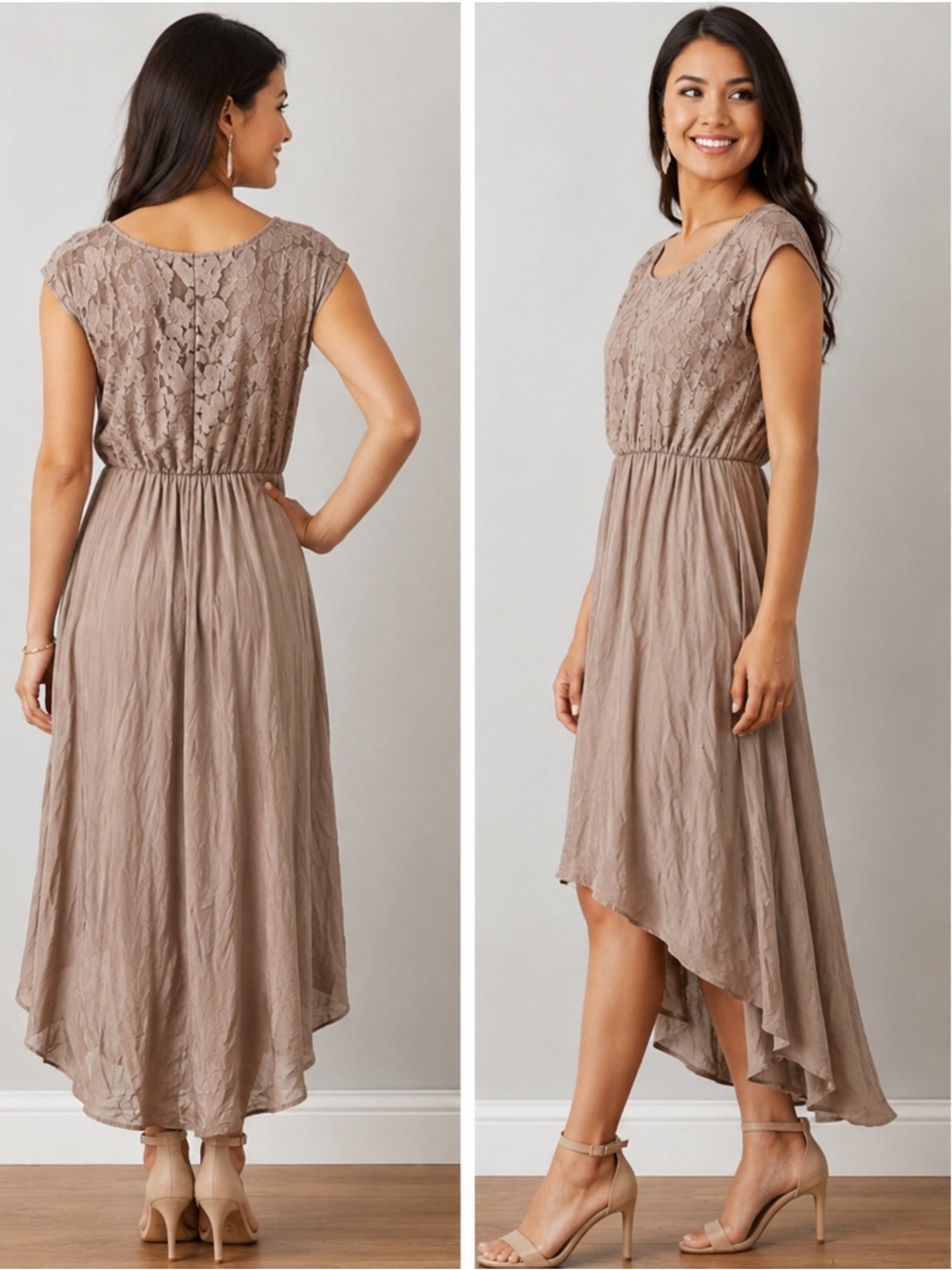 Sofia Made in Italy Taupe Lace High-Low Midi Dress Women’s Size L - Picture 2 of 3